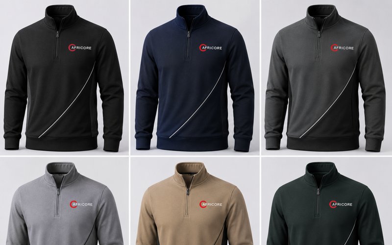 Branded apparel mockups across six colourways